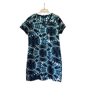 Tommy Hilfiger Womens Blue Tie Dye Medallion V-Neck T-Shirt Mini Dress Sz M NWT
